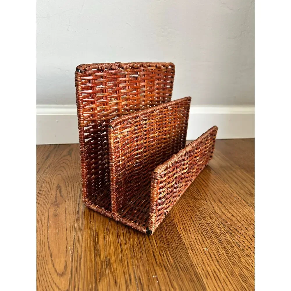 Vintage Woven Wicker Letter Rack | 3-Slot Rattan Mail & Magazine Organizer